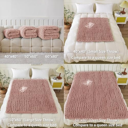 WESHIONGOO Chunky Knit Blanket Throw for Couch Bed 51"×63" Pink | 100% Handmade Knitted Throw blankets Fluffy Soft Blanket With Jumbo Chenille Yarn Thick - color: Pink, size: 51"x63"(Large Size Throw)