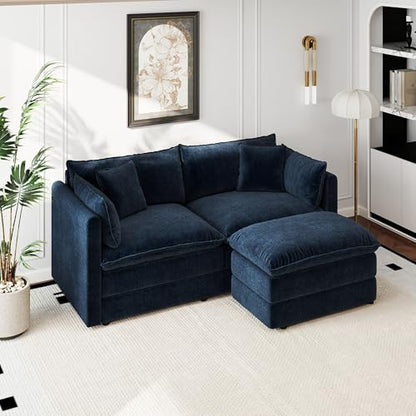 Aoowow Modular Sectional Sofa Modern Convertible Loveseat Couch,77.16 Inch Deep 2-Seater Sofas Comfy Chenille Cloud Sofas and Couches Set with Movable Ottoman for Living Room Apartment（Blue） - color: Blue, size: 2 Seat + Ottoman