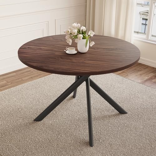 HIPIHOM 45.3 Inch Modern Round Dining Table for 4, Space-Saving Dinette with Carbon Steel Legs for Home Kitchen Apartment(Dark Walnut Table) - color: Walnut Table