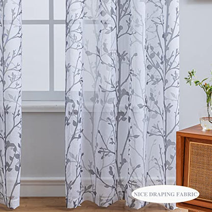 Luvyohmee White Grey Curtains 95 Inch Length 2 Panels Set, Semi Sheer Window Curtain Drapes for Living Room/Bedroom, Gray Tree Branches Patterned Linen Textured Curtains, Grommet Top W52XL95 - color: Grey, size: 52"W x 95"L (Pack of 2)