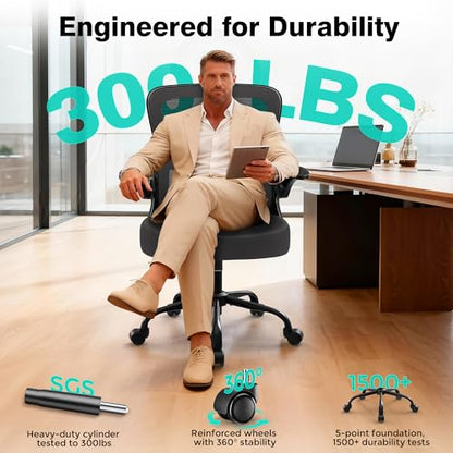 Office Chair - Ergonomic Breathable Mesh Desk Chair with Adjustable Lumbar Support and Flip-up Armrests - Executive High Back Rolling Swivel Comfortable Computer Gaming Chair for Home Office - color: Dark Gray