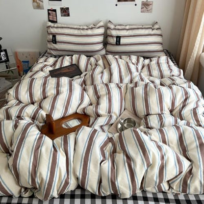 Striped Duvet Cover Queen Size Brown Blue Stripes Bedding Set Retro Striped Geometric Pattern Duvet Cover Set Soft Lightweight Microfiber Quilt Cover with Zipper Closure and 2 Pillowcases - color: Brown Blue Striped, size: Queen (1 Duvet Cover + 2 Pillowc