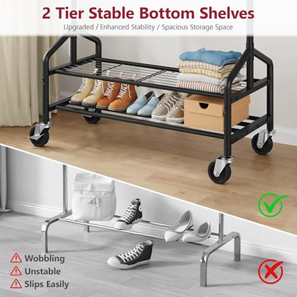 Clothing Rack with 2 Shelves, Metal Heavy Duty Load 350 LBS, Black | Adjustable Clothes Rack, Extendable Garment Rack for Hanging Clothes, Rolling Rack for Bedroom, Laundry Room, Clothes Store - color: Black