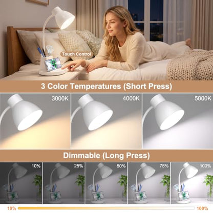 10W Wireless Charging LED Desk Lamp with Pen Holder, CRI 95, White | 800LM, 3 Modes, 360°Flexible Arm, Touch, Brightness, Table Lamp for Home Office, Dorm, Bedside, Study, Reading, with Adapter - color: White