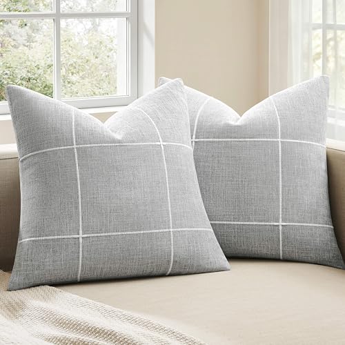 2 Packs Grid Embroidery Throw Pillow Covers 18x18in Light Grey | Farmhouse Linen Pillow Cases, Decorative Accent Cushion Covers, Checked Home Decor for Sofa Bed Living Room - color: Light Grey, size: 18" x 18" (Pack of 2)