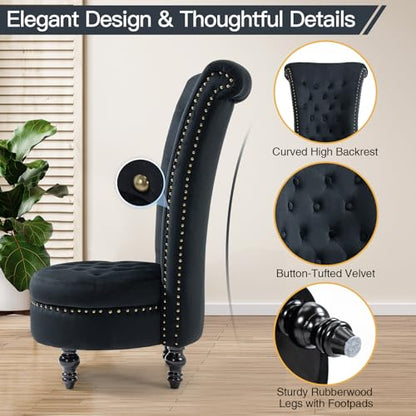 AVAWING High Back Velvet Tufted Throne Chairs with Storage Set of 2, Black | Tufted Nailhead Design; Hidden Storage; Soft Velvet; Sturdy Wood Legs 330Lbs; High Density Foam; Ergonomic Back - color: Black