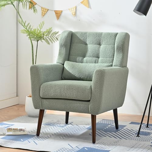 Accent Chair, Living Room Chairs with Solid Wood Legs & Pillow | Chairs Living Room with High Tufted Backrest, Reading Chair for Bedroom/Office, Teddy Fabric - color: Light Green(a)
