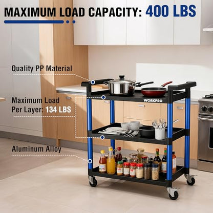 WORKPRO 3-Tier Service Utility Cart, 400LBS Plastic Rolling Cart with Handles & Lockable Wheels, Heavy Duty Storage Cart for Restaurant, Kitchen, Office, Garage, Warehouse - color: Black