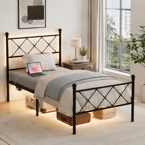 VINGLI Twin Bed Frame with Headboard and Footboard, Metal Bed Frame with Extra High Footboard, Heavy Duty Platform Bed with LED Lights & Charging Station, Under Bed Storage, No Box Spring Needed,Black - color: Black, size: Twin