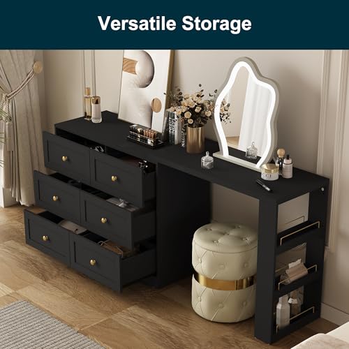 RoyalCraft Vanity Desk and Dresser Combo, 67" Extendable Big Makeup Vainty with 6 Drawer Dresser and 3 Side Shelves, Wood Corner Vanity for Bedroom, Dressing Table for Women Girlfriend, Black