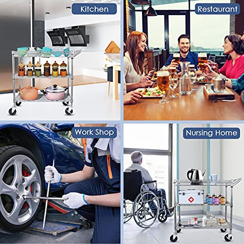 Heavy Duty 3 Tier Utility Cart,Wire Rolling Carts with Wheels, Commercial Grade Service Cart with Shelving Liners and Handle Bar Metal Carts for Kitchen Office Hardware - color: 990lbs Capacity Silver