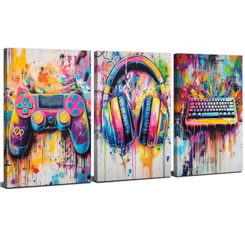 Gamer Wall Decor Graffiti Keyboard Gaming Wall Art for Teen Boy Game Room Decor Banksy Gamepad Headphones Canvas Posters Bedroom Playroom Street Pop Pictuers Modern Cool Painting Artworks 16x24" 3 Pcs - color: Game 2, size: 16"L x 24"W