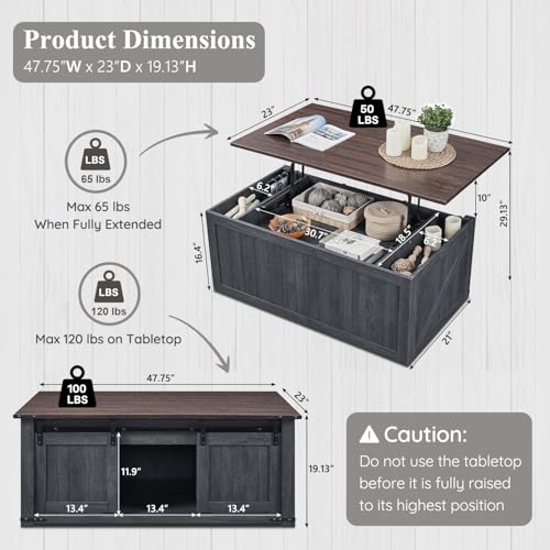 IFGET 48" Lift Top Coffee Table, Farmhouse Cocktai with Sliding Groove Barn Door, Rustic Wood Center Table w/Double Storage Spaces for Living Room, Dark Grey - color: Dark Grey