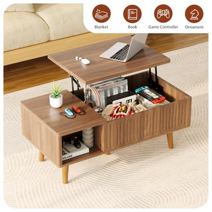 Coffee Table with Lifting Top,Wooden Fluted Coffee Table with Hidden Storage Space,2 Open Storage Compartments,Solid Wood Legs,Suitable for Living Room,Apartment,Office. (C-Lift Coffee Table-Walnut) - color: C-lift Coffee Table-walnut