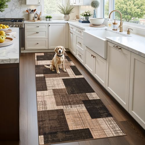 Washable 2x6 Runner Rug for Hallway Kitchen Bedroom, Chocolate | Non Slip, Low-Pile, Soft Stain Resistant, Modern Geometric Patchwork Grid Print Long Runner with Rubber Backing - color: Chocolate, size: 2' x 6' (Runner)