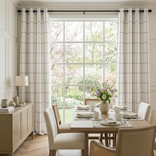 MYSKY HOME 100% Blackout Black Plaid Linen Curtains 84 Inch Long 2 Panels Set Double Layer Farmhouse Thermal Insulated Striped Print Drapes Grommet Top for Bedroom Living Room, 52" W Each Panel - color: Black, size: 52"W x 84"L (Pack of 2)