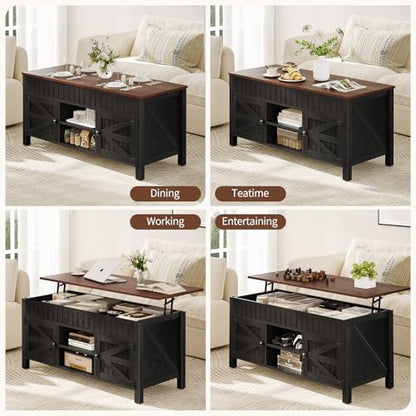 47.3" Lift Top Coffee Table with Storage - Black Coffee Tables for Living Room, Farmhouse Wood Center Table, Large Rectangle Middle Tables with Hidden Compartment & Adjustable Shelf - color: Black