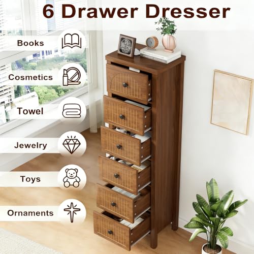 52.55" Tall 6 Drawer Dresser, Wood Chest of Drawers with Fluted Panel | Slim Storage Organizer with Anti-Tipfor Kit Small Spaces,Multipurpose Cabinet for Bedroom, Closet, Hallway, Nursery,Walnut, - size: 11.8"D x 15.7"W x 52.6"H (6 Drawers)