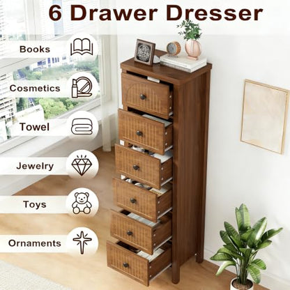 52.55" Tall 6 Drawer Dresser, Wood Chest of Drawers with Fluted Panel | Slim Storage Organizer with Anti-Tipfor Kit Small Spaces,Multipurpose Cabinet for Bedroom, Closet, Hallway, Nursery,Walnut, - size: 11.8"D x 15.7"W x 52.6"H (6 Drawers)