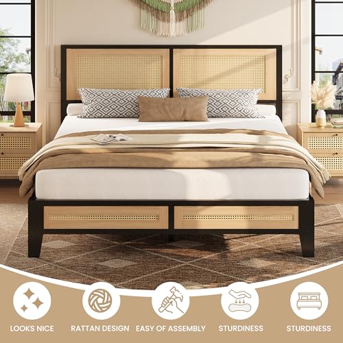 LIKIMIO Queen Rattan Bed Frame with Headboard, Boho Metal Platform Bed | Rattan headboard, 900 lb support, metal slats, EVA pads, 9.8-inch underbed clearance, no box spring needed. - size: Queen