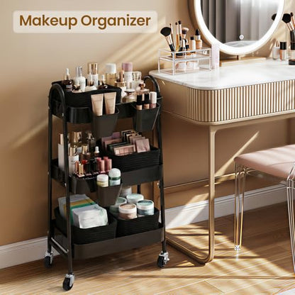 3-Tier Rolling Utility Cart with 4 Woven Baskets, Diaper Book Snack Cart, Storage Organizer for Nursery, Kitchen, Craft Room, Home SPA, Living Room, Metal Frame Trolley on Lockable Wheels, Black - color: Black