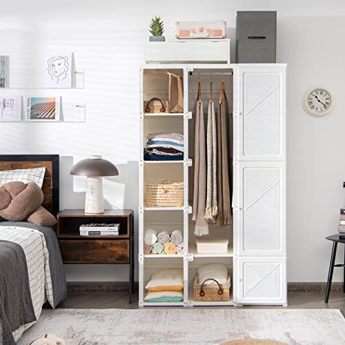 Tangkula Portable Closet Wardrobe, Foldable Clothes Organizer with Cubby Storage, Hanging Rods, Easy Assemble Clothing Storage with Magnet Doors, Folding Bedroom Armoire (10 Cubbies & 2 Rods)