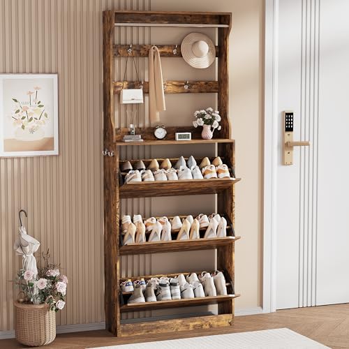 Brown Hidden Shoe Cabinet with 3 Flip Drawers & Coat Rack, Entryway | 2-in-1 Hall Tree Combines Shoe Rack Organizer and Coat Storage, Slim Design with Hooks & Adjustable Shelves for Narrow Spaces - color: Brown, size: Tall 3 Drawers