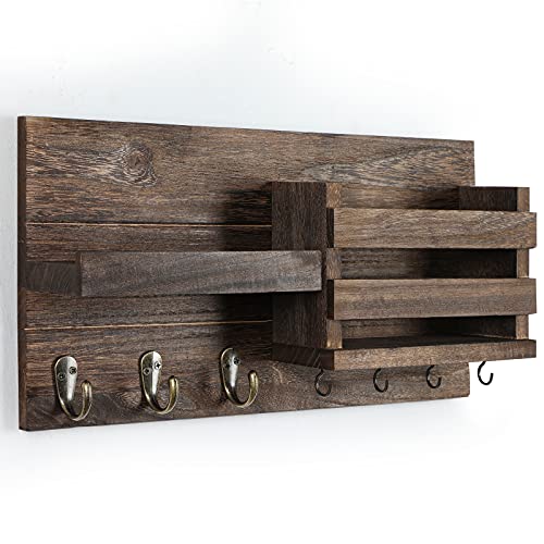 Lwenki Mail Organizer for Wall Mount – Key Holder with Shelf Includes Letter Holder and Hooks for Coats, Dog Leashes – Rustic Wood with Flush Mounting Hardware (16.5” x 8.7” x 3.5”) - color: Brown
