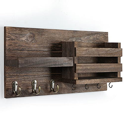 Lwenki Mail Organizer for Wall Mount – Key Holder with Shelf Includes Letter Holder and Hooks for Coats, Dog Leashes – Rustic Wood with Flush Mounting Hardware (16.5” x 8.7” x 3.5”) - color: Brown