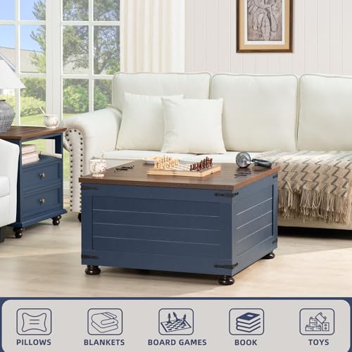 Joaxswe Farmhouse Coffee Table with Hidden Storage, 59 Gallon Square Center Table for Living Room, Rustic Wood Cocktail Tables with Flip-Top Lids, Farm House Tables with Wooden Gourd Feet, Navy Blue - color: Blue, style: With Round Legs