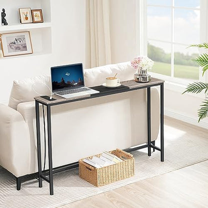 HOOBRO Narrow Console Table with Power Outlets, 44.9 Inches Sofa Table, Slim Behind Couch Table, Entryway Table with Display Shelf, for Living Room, Foyer, Hallway, Greige and Black BG114UXG01 - color: Greige + Black