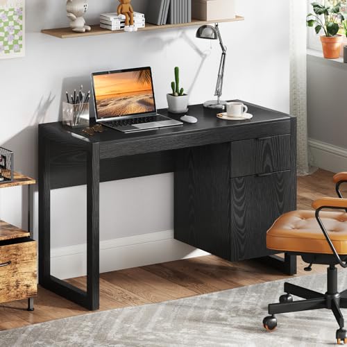 Tangkula Computer Desk with Storage Cabinet & Drawer, White Wooden Home Office Desk, PC Laptop Workstation Study Writing Desk with Smooth Surface, Ideal for Home Office (Black) - color: Black