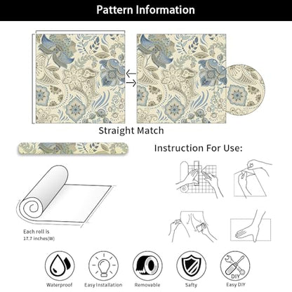 MuralPeel Beige Grey Blue Paisley Flowers Peel and Stick Wallpaper Self Adhesive Removable Easy Peel Off Stick on Wall Paper for Bedroom Cabinet Renter - color: Blue/Cream, size: 17.7" x 118.1"