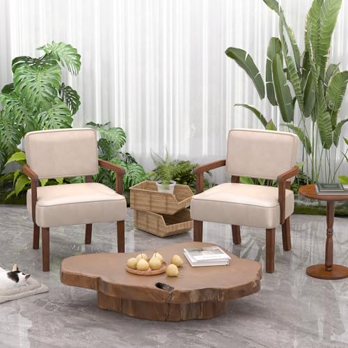 PU Leather Accent Chairs Set of 2, 2 Armchairs with Side Table | Living Room Chairs with Soft Thicken Cushion,Comfy Reading Chair for Bedroom,Waiting Room,Home Office,Easy Assembly,Beige - color: Faux Leather Beige, size: Set of 2 with table