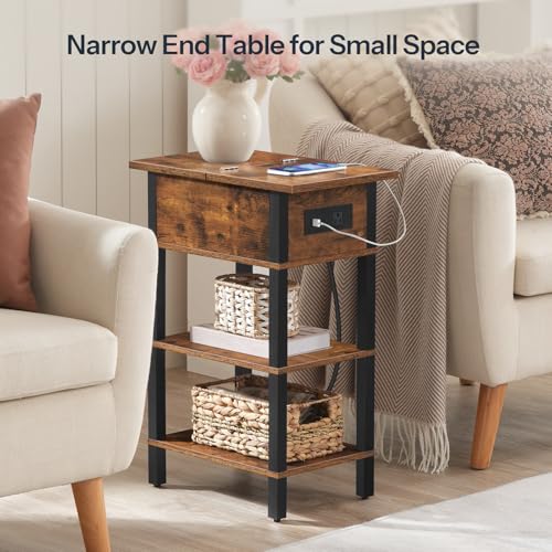HOOBRO End Table with Charging Station, Flip Top Side Table with USB Ports, Narrow Nightstand Bedside Tables with Storage Shelves, for Small Space, Living Room, Rustic Brown and Black BF141UBZ01 - color: Rustic Brown + Black