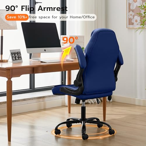 Ylzyxal Office Desk Chair, Ergonomic Computer Chair with Padded Flip-Up Arms and Adjustable Lumbar Support, PU Leather Executive Chair with Tilt Lock and 360° Swivel Rolling Wheels for Work, Study - color: Blue