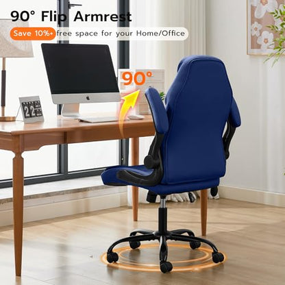 Ylzyxal Office Desk Chair, Ergonomic Computer Chair with Padded Flip-Up Arms and Adjustable Lumbar Support, PU Leather Executive Chair with Tilt Lock and 360° Swivel Rolling Wheels for Work, Study - color: Blue