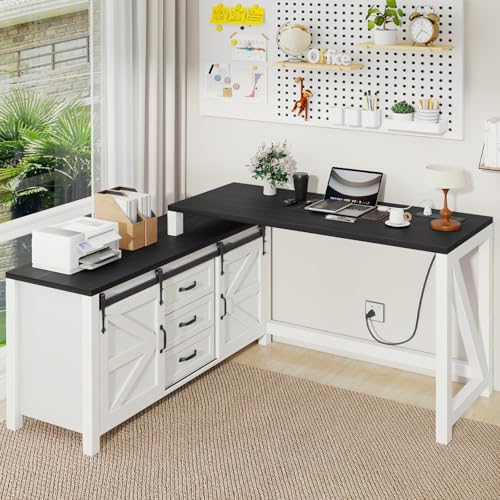 L Shaped Desk With Drawers, Farmhouse Executive Wood Home Office With Power Outlet, Rustic Reversible Computer With Storage Cabinet, Double Sliding Barn Door and Adjustable Shelves