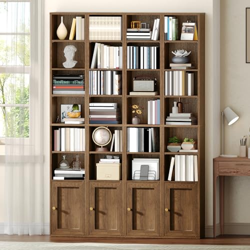 7-Tier Tall Narrow Bookshelf with Door, 70.9 Inches CD DVD Slim Media Tower Rack with Storage Cabinet, Adjustable Shelves, Skinny Bookshelf Display Bookcase for Home Office, Walnut - color: Walnut