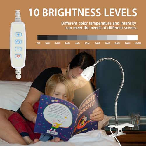 Desk lamp Eye-Caring Table Lamps, 360°Rotation Gooseneck Clip on Lamp Reading Light, Portable Reading Book Light, Clamp Light, Study Desk Lamps for Bedroom and Office Home Lighting (White with Dimme) - color: White with Dimmer