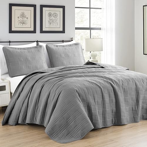 Chezmoi Collection Kingston Queen Size Bedspread Set, 3-Piece Gray Oversized Quilted Microfiber Lightweight Bedspread Coverlet (100"x106") for All Seasons - color: Gray, size: Queen