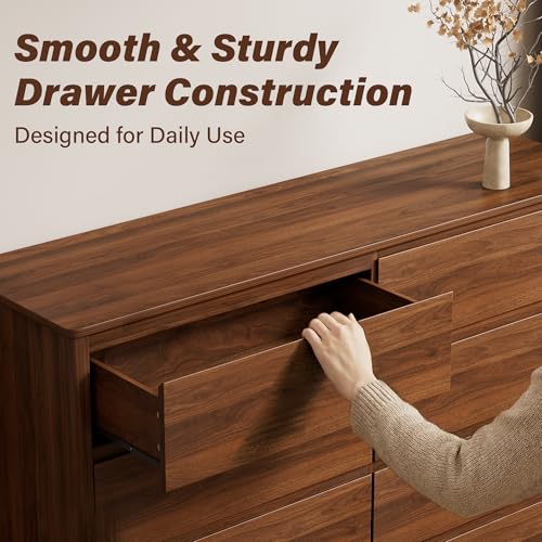 Furniway 55" Mid-Century Modern Dresser for Bedroom, 8 Drawer Wide Chest of Drawers with Wood Legs, Large Storage Bedroom Dresser, Walnut - size: 8 Drawers