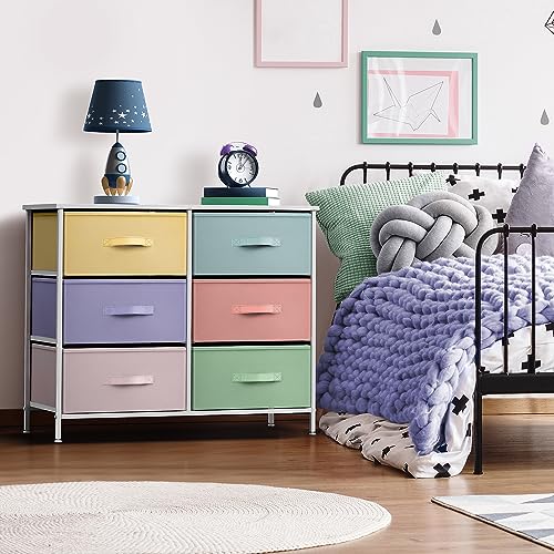 Sorbus Dresser with 6 Drawers - Furniture Storage Tower Unit for Bedroom, Hallway, Closet, Office Organization - Steel Frame, Wood Top, Easy Pull Fabric Bins (Pastel/White) - color: Pastel/White, style: 6-Drawer