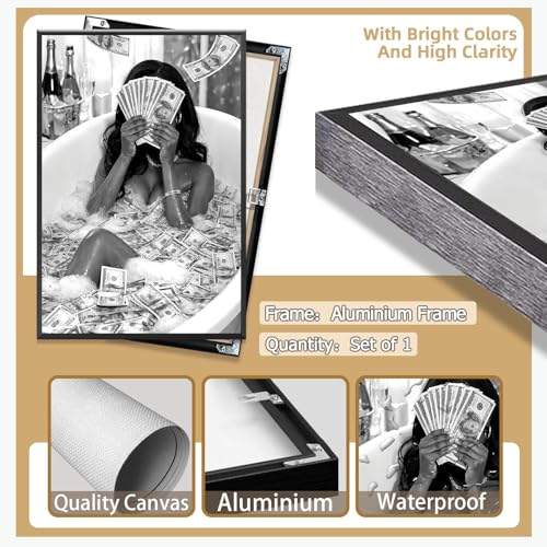 Trendy Black And White Posters Aesthetic Feminism Canvas Wall Art Woman Soaking In A Bathtub Of Us Dollars Prints Painting For Bedroom Apartment Bathroom Wall Decor 8x12in Framed - color: style 03, size: 8"L x 12"W, style: Framed