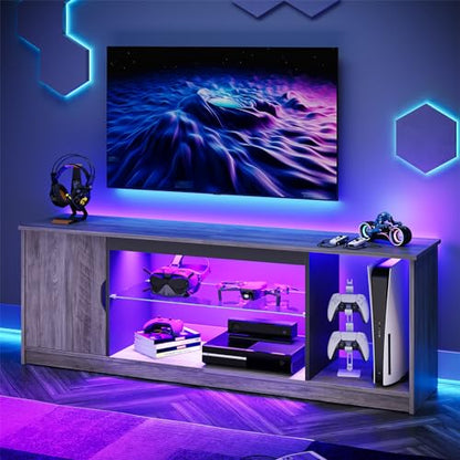 Bestier LED TV Stand for PS5,Modern Gaming Entertainment Center with Cabinet for 60/65 Inch TV, TV Console with Adjustable Glass Shelf for Living Room Bedroom Grey - color: Grey