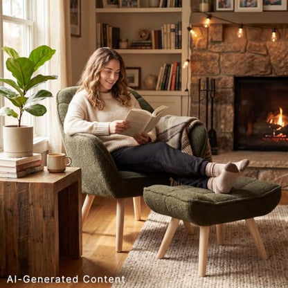 Green Sherpa Accent Chair with Ottoman ，Modern Reading Chairs with Ottoman Set, Comfy Fuzzy Armchair Living Room Chair Lounge Chair with Wood Legs for Small Spaces Bedroom Apartment - color: Green, size: Chair with Ottoman