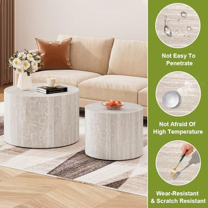 18 inch Round Travertine Nesting Coffee Table Set of 2, Terrazzo | Travertine Veneer, For Living Room, Mid-Century Modern Style, Nestable Design, Circular Nested End Table, For Small Spaces - color: Terrazzo