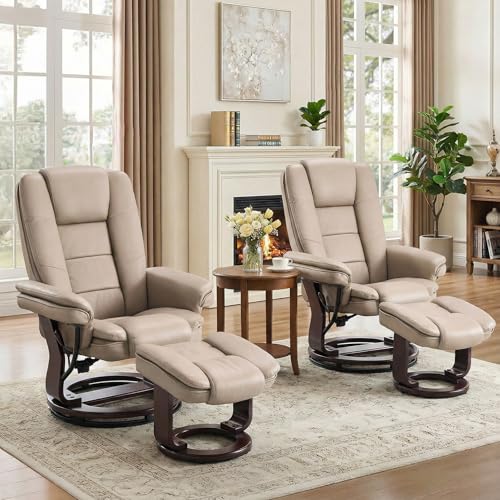 Swivel Recliner Chair with Ottoman Reclining Lounge Sofa Footrest, Set of 2 | 360°Sturdy Wood Base, Soft Faux Leather, Upholstered Ultra-Plush Foam, Modern Armchair, Living Room Bedroom Office Reading - color: Taupe, size: Set of 2