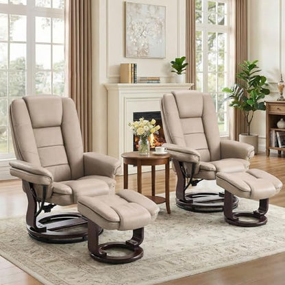 Swivel Recliner Chair with Ottoman Reclining Lounge Sofa Footrest, Set of 2 | 360°Sturdy Wood Base, Soft Faux Leather, Upholstered Ultra-Plush Foam, Modern Armchair, Living Room Bedroom Office Reading - color: Taupe, size: Set of 2