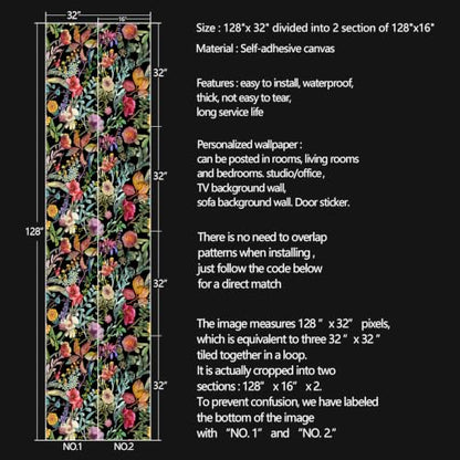 Black Flowers Peel and Stick self Adhesive Wallpaper Floral - 128''x32'' - color: X17, size: 128"x32"